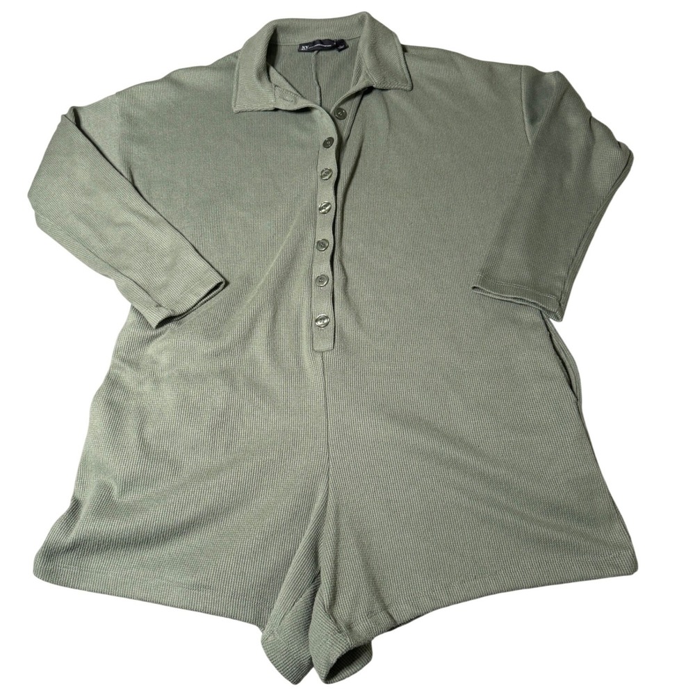 New York & Company Sage Green Waffle Knit Romper Womens Large Button Front